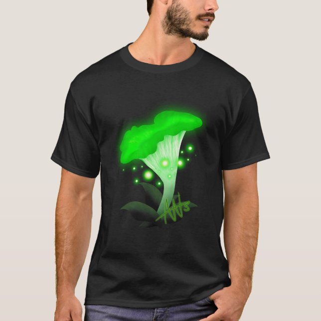 Fantasy Chanterelle Glowing Green Mushroom T-Shirt (Front)