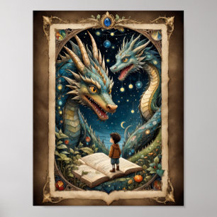 Fantasy child and dragons books poster
