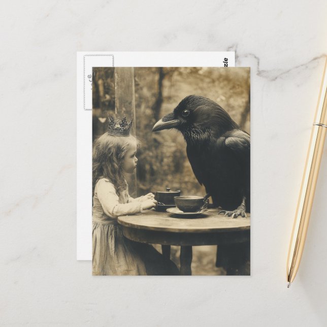 Fantasy Child and Raven Tea Party in Sepia Postcard (Front/Back In Situ)