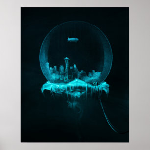 Fantasy City in a Snowglobe with a Blimp Poster