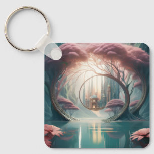 Fantasy City Seen Thru A Blue Lake And Pink Trees Key Ring