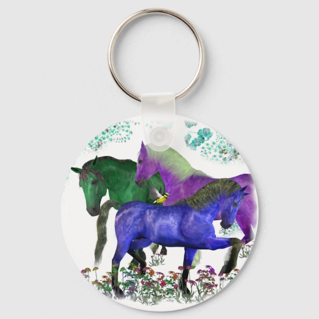 Fantasy coloured horses in flowers graphic design key ring (Front)