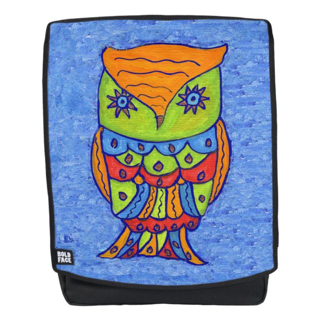 Fantasy Colourful Abstract Owl Star Eyes on Blue Backpack (Front)