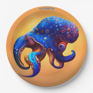 Fantasy Colourful Octopus In Blue. Paper Plate