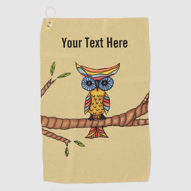Fantasy Colourful Owl Big Blue Eyes on Branch Brow Golf Towel (Front)