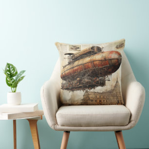 Fantasy Copper Airship Above a Magical City Cushion