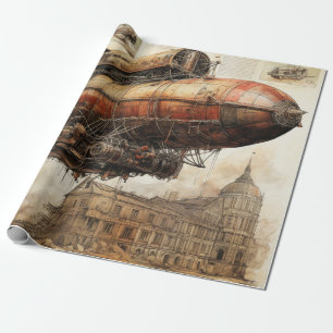 Fantasy Copper Airship Above a Magical City Wrapping Paper