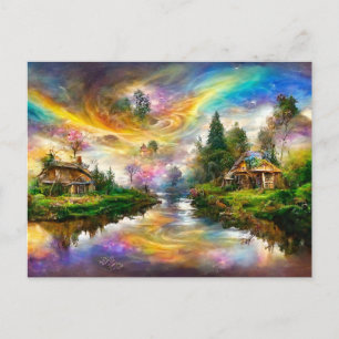 Fantasy cottage with colorful rainbow color. summe postcard