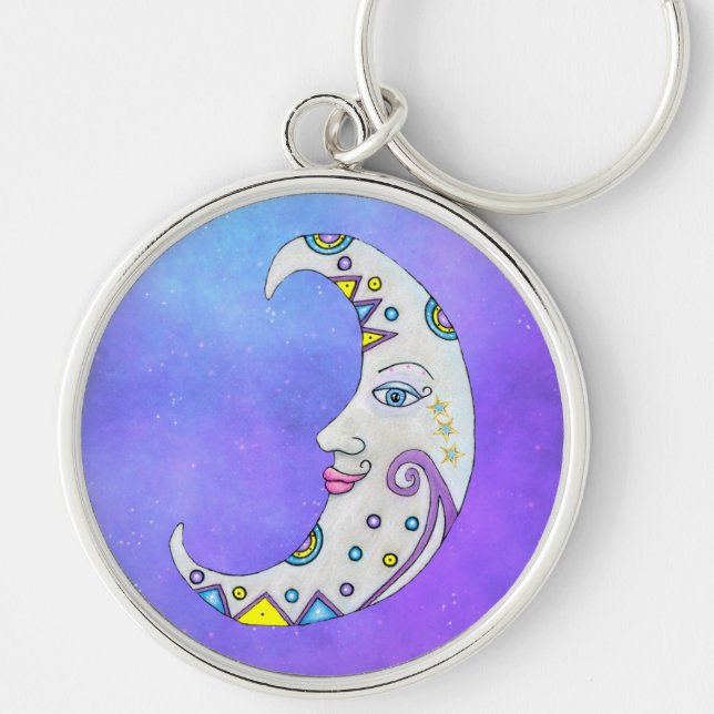 Fantasy Crescent Moon Colourful Markings Stars Sky Key Ring (Front)