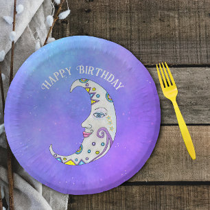 Fantasy Crescent Moon Pretty Face Colourful Shapes Paper Plate