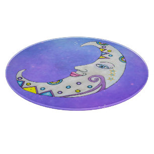 Fantasy Crescent Moon With Face Colourful Shapes Cutting Board