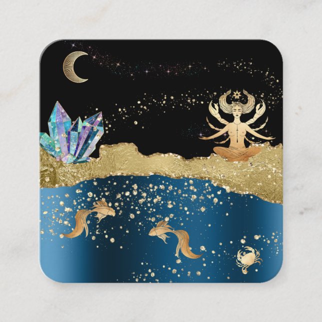 *~* Fantasy Crystal Goddess Celestial Cancer Gold Square Business Card (Front)