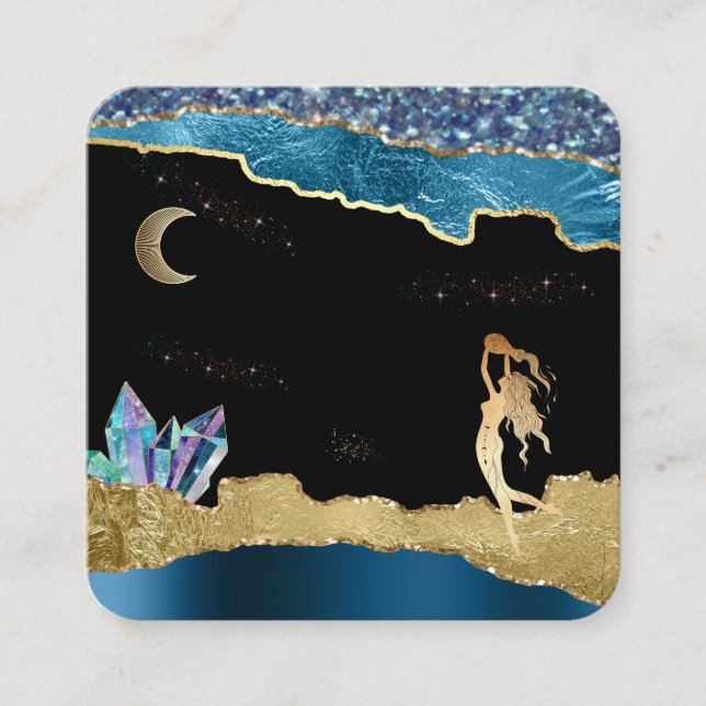 *~* Fantasy Crystal Goddess Celestial Gold Glitter Square Business Card (Front)