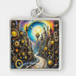 Fantasy Cute Abstract Steampunk City Key Ring