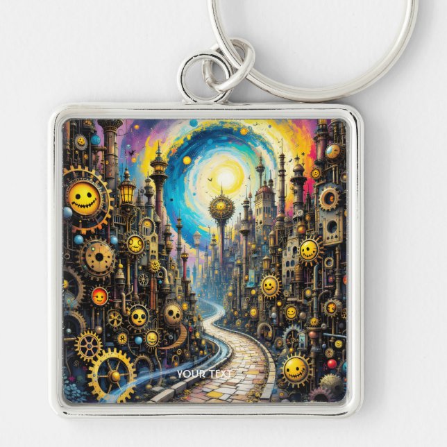 Fantasy Cute Abstract Steampunk City Key Ring (Front)