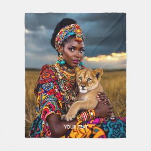 Fantasy Cute African Woman Lion Fleece Blanket