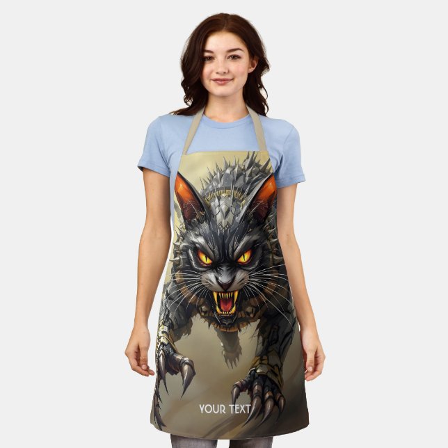 Fantasy Cute Angry Cyborg Cat Apron (Worn)