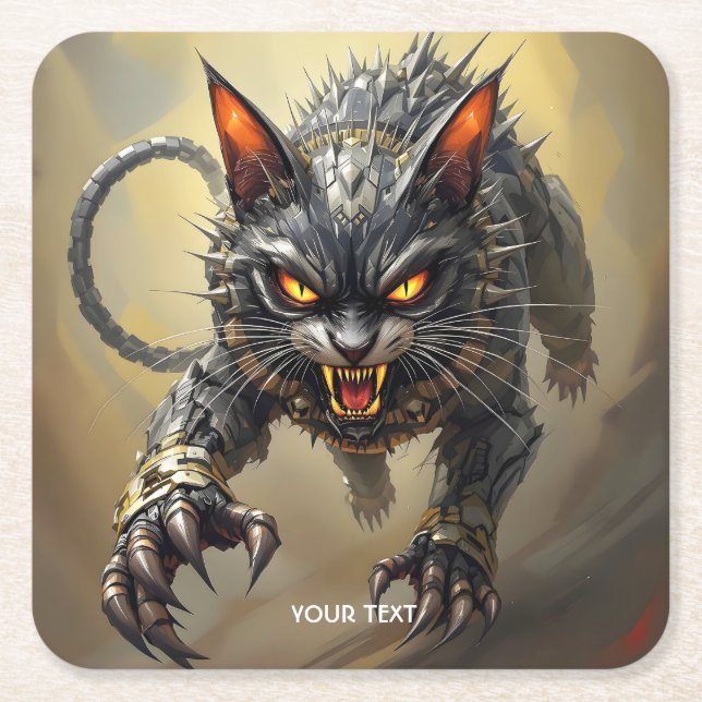 Fantasy Cute Angry Cyborg Cat Square Paper Coaster (Front)