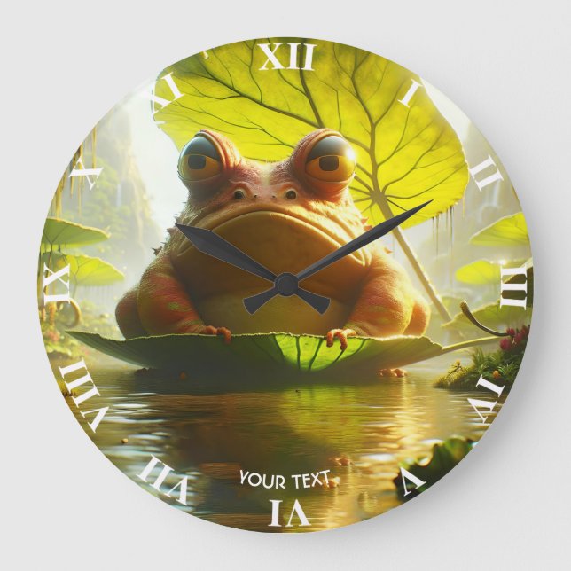 Fantasy Cute Angry Frog Leaf Large Clock (Front)