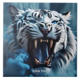 Fantasy Cute Angry White Tiger Ceramic Tile