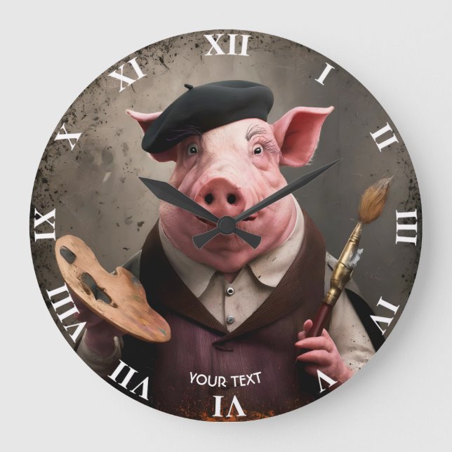 Fantasy Cute Artist Painter Pig Large Clock (Front)