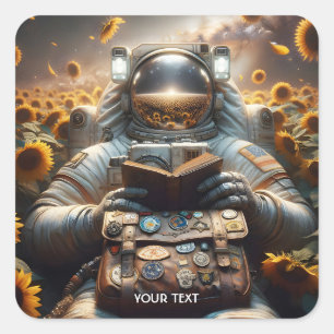 Fantasy Cute Astronaut Book Flowers Square Sticker