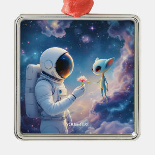Fantasy Cute Astronaut Space Flower Metal Ornament
