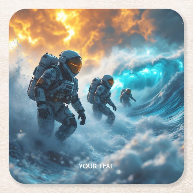 Fantasy Cute Astronauts Storm Sea Square Paper Coaster (Front)