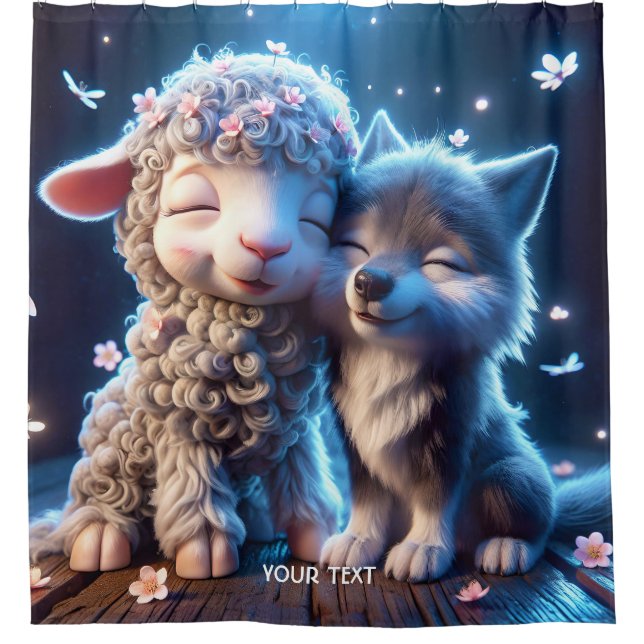 Fantasy Cute Babies Sheep Wolf Shower Curtain (Front)