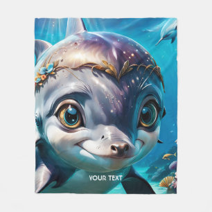 Fantasy Cute Baby Dolphin Flowers Fleece Blanket
