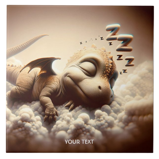 Fantasy Cute Baby Dragon Sleeping Ceramic Tile (Front)