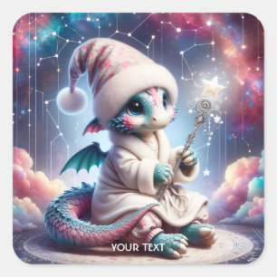 Fantasy Cute Baby Dragon Staff Square Sticker