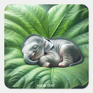 Fantasy Cute Baby Elephant Leaf Square Sticker
