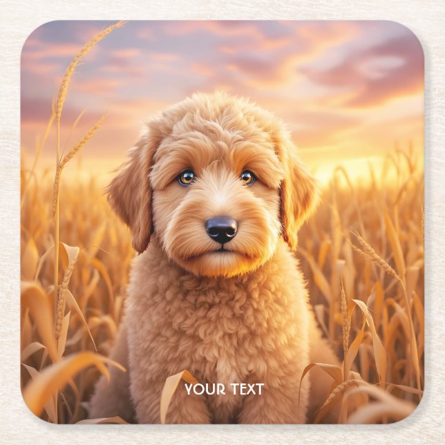 Fantasy Cute Baby Labradoodle Wheat Square Paper Coaster (Front)