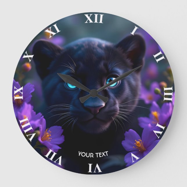 Fantasy Cute Baby Panther Flowers Large Clock (Front)