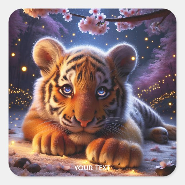 Fantasy Cute Baby Tiger Sakura Square Sticker (Front)
