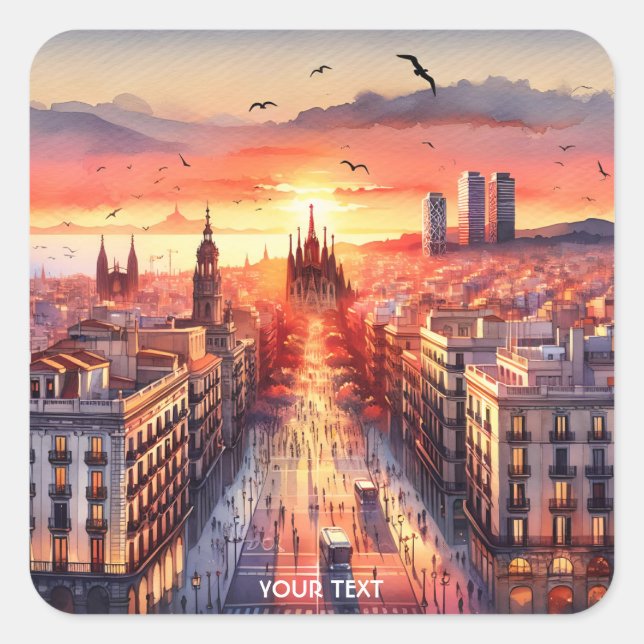 Fantasy Cute Barcelona Sunset View  Square Sticker (Front)