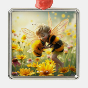 Fantasy Cute Bee Flowers Kiss Metal Ornament