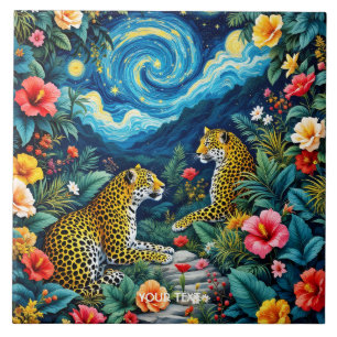 Fantasy Cute Big Cats Flowers Ceramic Tile