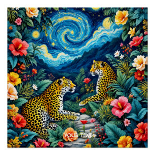 Fantasy Cute Big Cats Flowers Poster