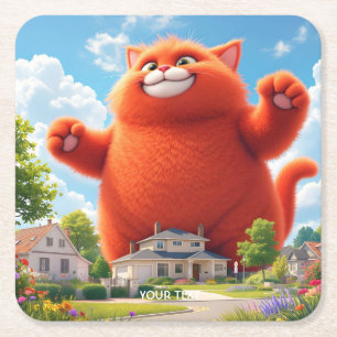 Fantasy Cute Big Orange Cat Square Paper Coaster