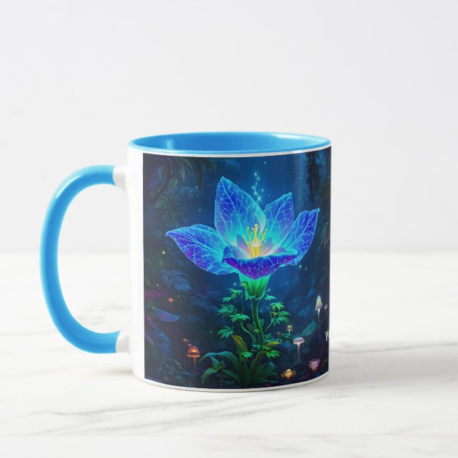 Fantasy Cute Bioluminescent Blue Flower Mug (Left)
