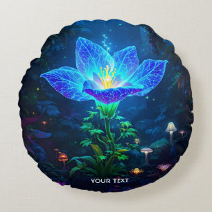 Fantasy Cute Bioluminescent Blue Flower Round Cushion