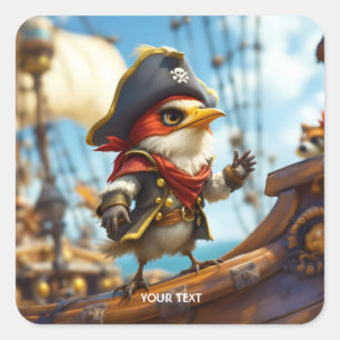 Fantasy Cute Bird Captain Pirate Square Sticker