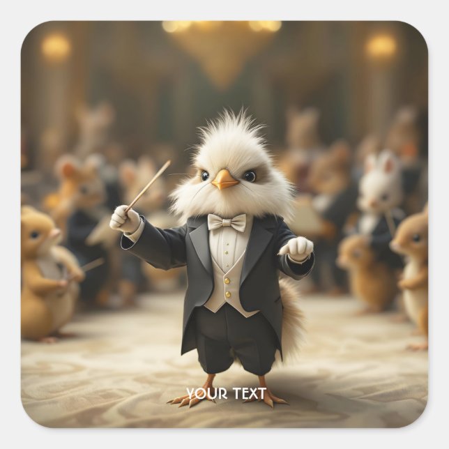 Fantasy Cute Bird Conducts Orchestra Square Sticker (Front)