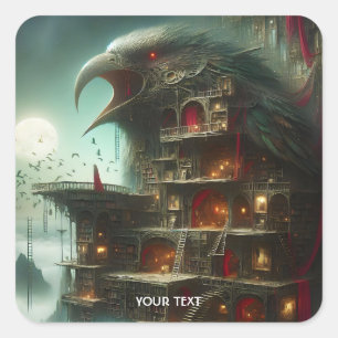 Fantasy Cute Bird House Library Square Sticker