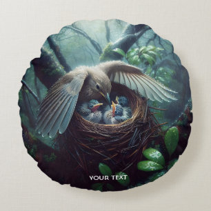 Fantasy Cute Bird Nest Rain Round Cushion