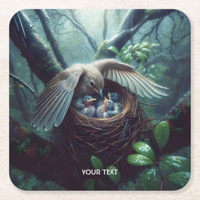 Fantasy Cute Bird Nest Rain Square Paper Coaster (Front)