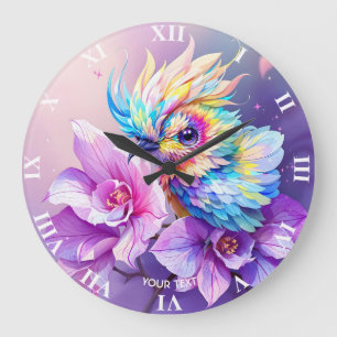 Fantasy Cute Bird Pink Orchid Large Clock