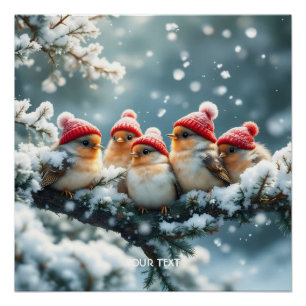 Fantasy Cute  Birds Hat Snow Poster